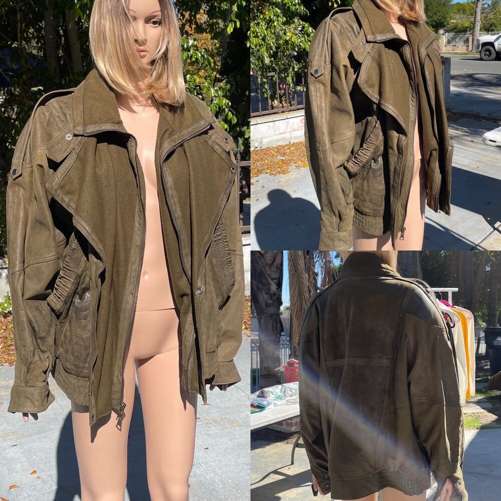One Way Genuine Leather Wool Army Green Coat Jacket Lapel Zipper